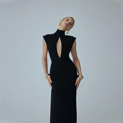 Women Clothing Black Fashionable Slim Fit Figure Flattering Stand