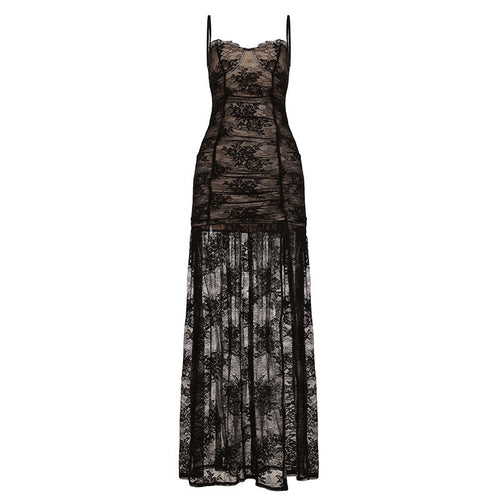 Women Clothing See through Lace Split Pleated Sling Elegant Dress